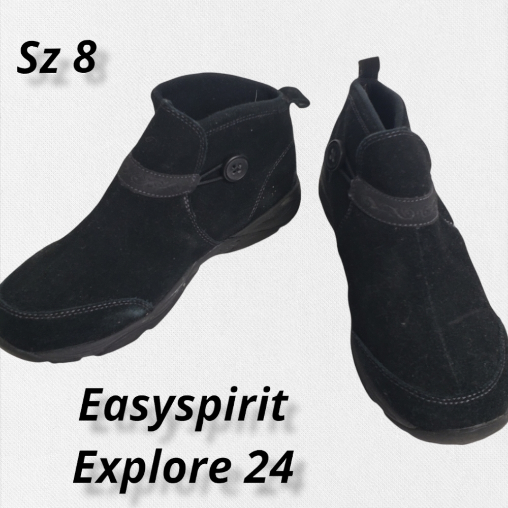 Easy Spirit Explore 24 Black Leather Suede Walking Booties 8 EUC